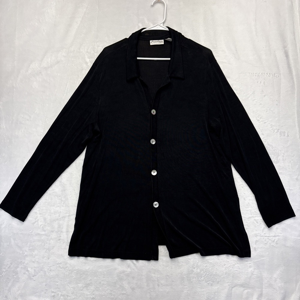 Vtg 90s Private Edition Chico's Black Acetate Cardigan Y2K Minimalist Sz 3 USA